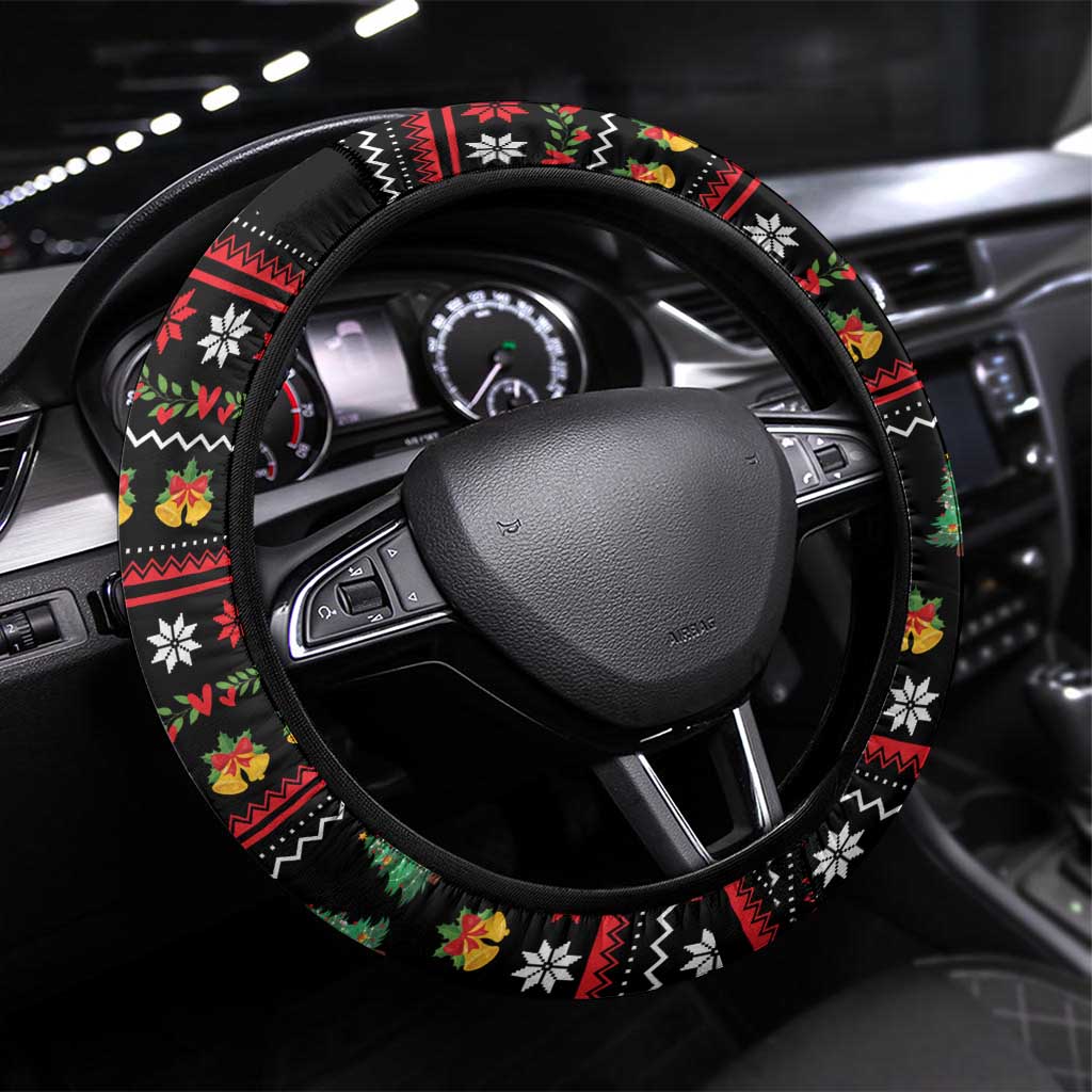 Meowy Christmas Woofy New Year Steering Wheel Cover with Cat and Dog in Winter Hats and Festive Pattern Design - Wonder Print Shop