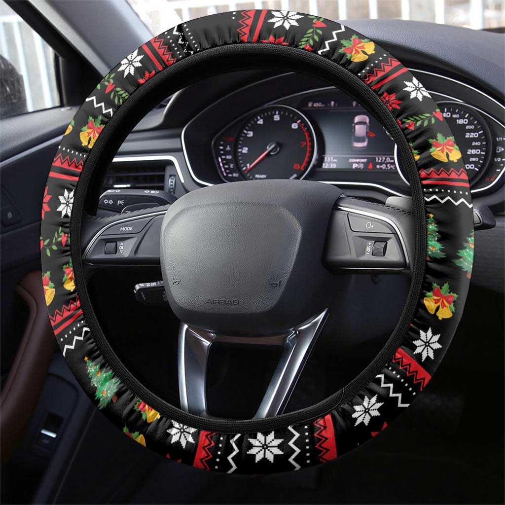 Meowy Christmas Woofy New Year Steering Wheel Cover with Cat and Dog in Winter Hats and Festive Pattern Design - Wonder Print Shop