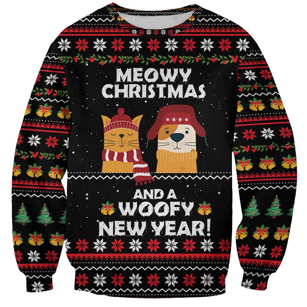 Meowy Christmas Woofy New Year Sweatshirt with Cat and Dog in Winter Hats and Festive Pattern Design - Wonder Print Shop