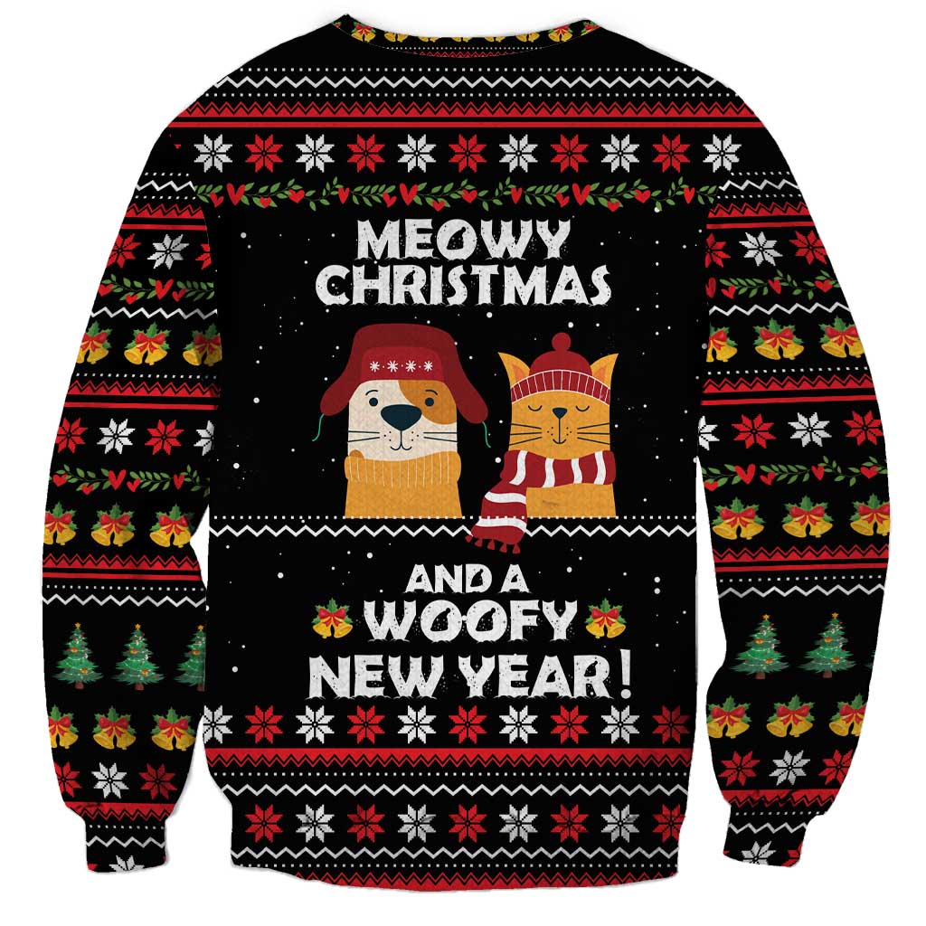 Meowy Christmas Woofy New Year Sweatshirt with Cat and Dog in Winter Hats and Festive Pattern Design - Wonder Print Shop