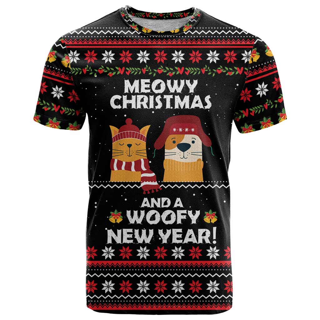 Meowy Christmas Woofy New Year T Shirt with Cat and Dog in Winter Hats and Festive Pattern Design - Wonder Print Shop