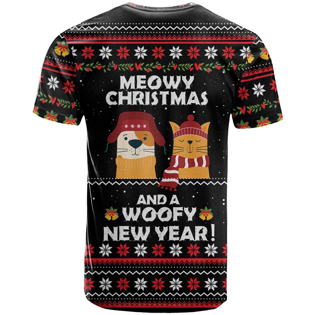 Meowy Christmas Woofy New Year T Shirt with Cat and Dog in Winter Hats and Festive Pattern Design - Wonder Print Shop
