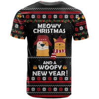 Meowy Christmas Woofy New Year T Shirt with Cat and Dog in Winter Hats and Festive Pattern Design - Wonder Print Shop