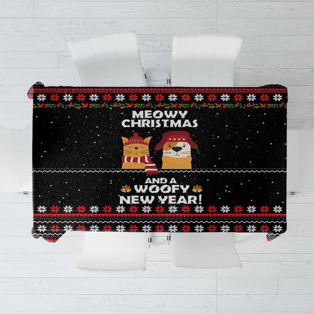 Meowy Christmas Woofy New Year Tablecloth with Cat and Dog in Winter Hats and Festive Pattern Design - Wonder Print Shop