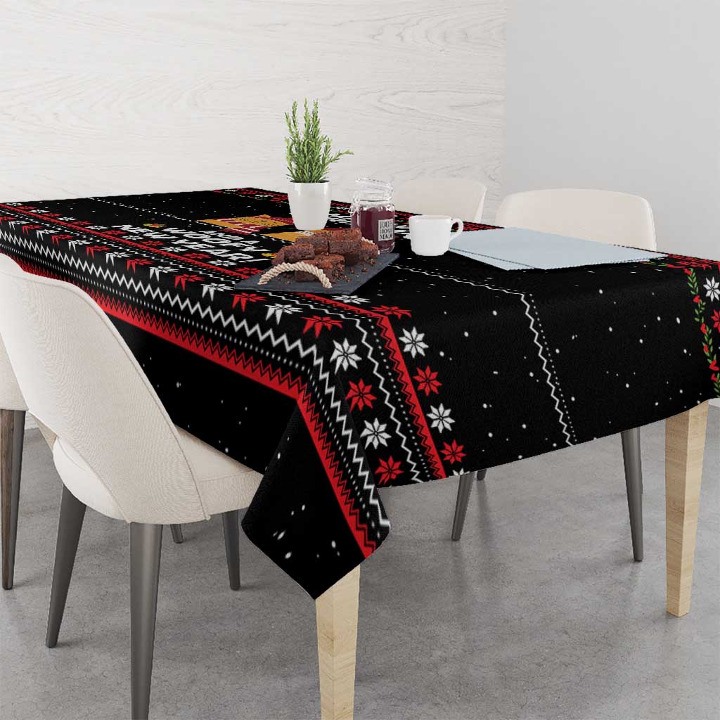 Meowy Christmas Woofy New Year Tablecloth with Cat and Dog in Winter Hats and Festive Pattern Design - Wonder Print Shop