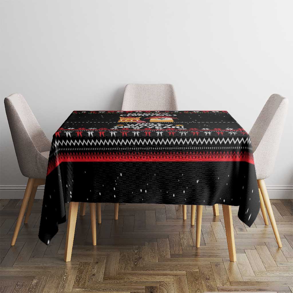 Meowy Christmas Woofy New Year Tablecloth with Cat and Dog in Winter Hats and Festive Pattern Design - Wonder Print Shop