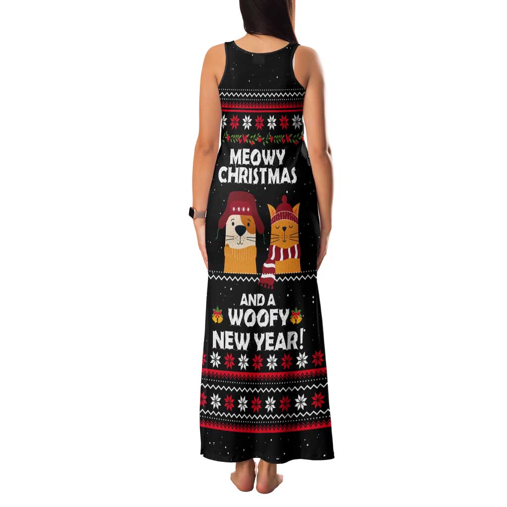 Meowy Christmas Woofy New Year Tank Maxi Dress with Cat and Dog in Winter Hats and Festive Pattern Design - Wonder Print Shop