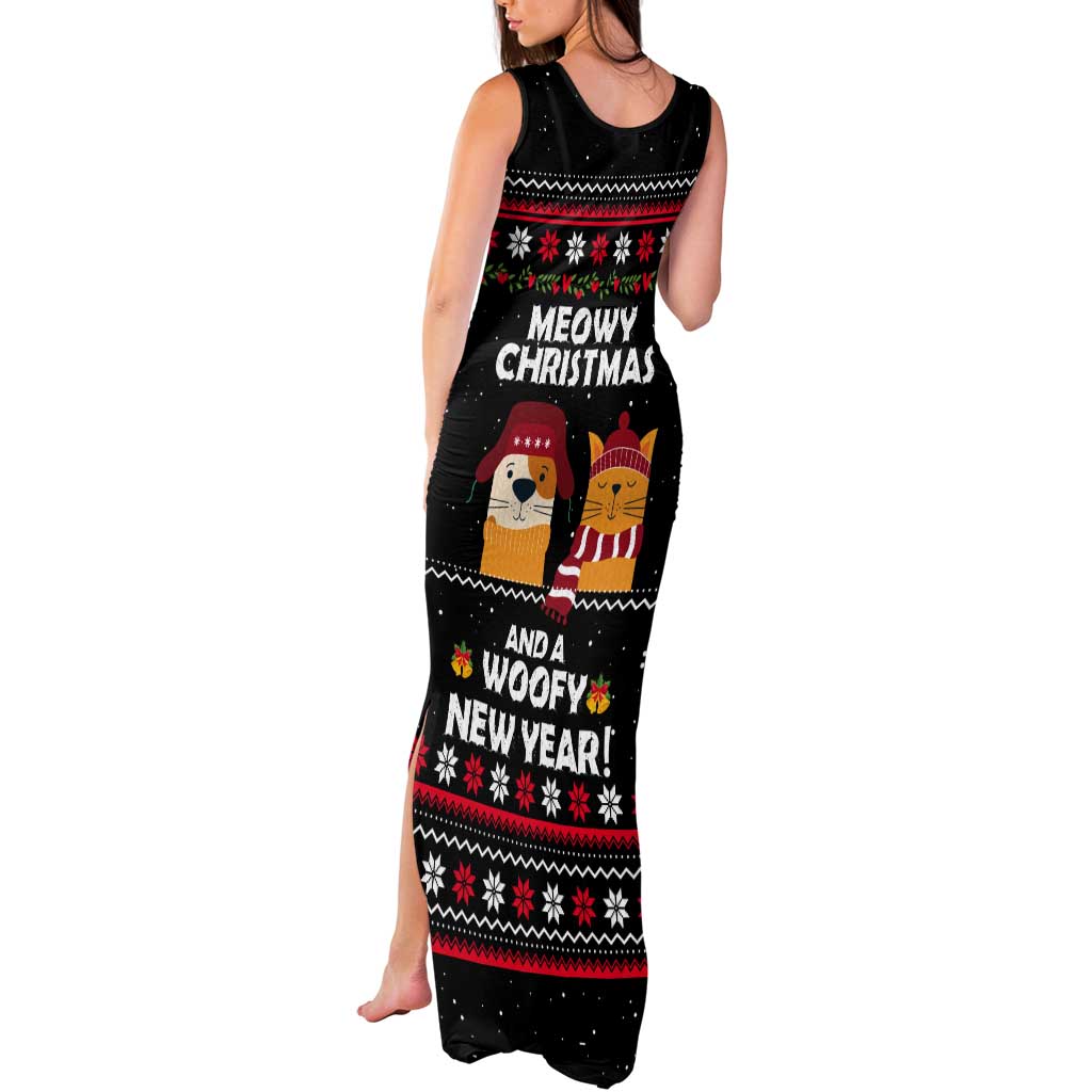 Meowy Christmas Woofy New Year Tank Maxi Dress with Cat and Dog in Winter Hats and Festive Pattern Design - Wonder Print Shop