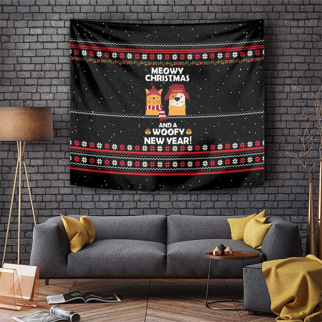 Meowy Christmas Woofy New Year Tapestry with Cat and Dog in Winter Hats and Festive Pattern Design - Wonder Print Shop