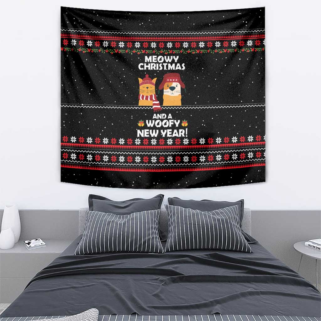 Meowy Christmas Woofy New Year Tapestry with Cat and Dog in Winter Hats and Festive Pattern Design - Wonder Print Shop