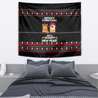 Meowy Christmas Woofy New Year Tapestry with Cat and Dog in Winter Hats and Festive Pattern Design - Wonder Print Shop