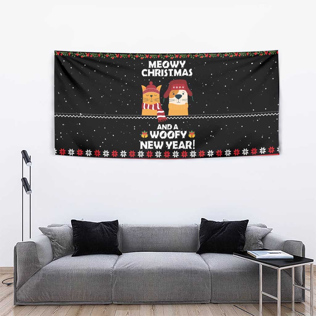 Meowy Christmas Woofy New Year Tapestry with Cat and Dog in Winter Hats and Festive Pattern Design - Wonder Print Shop