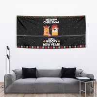 Meowy Christmas Woofy New Year Tapestry with Cat and Dog in Winter Hats and Festive Pattern Design - Wonder Print Shop