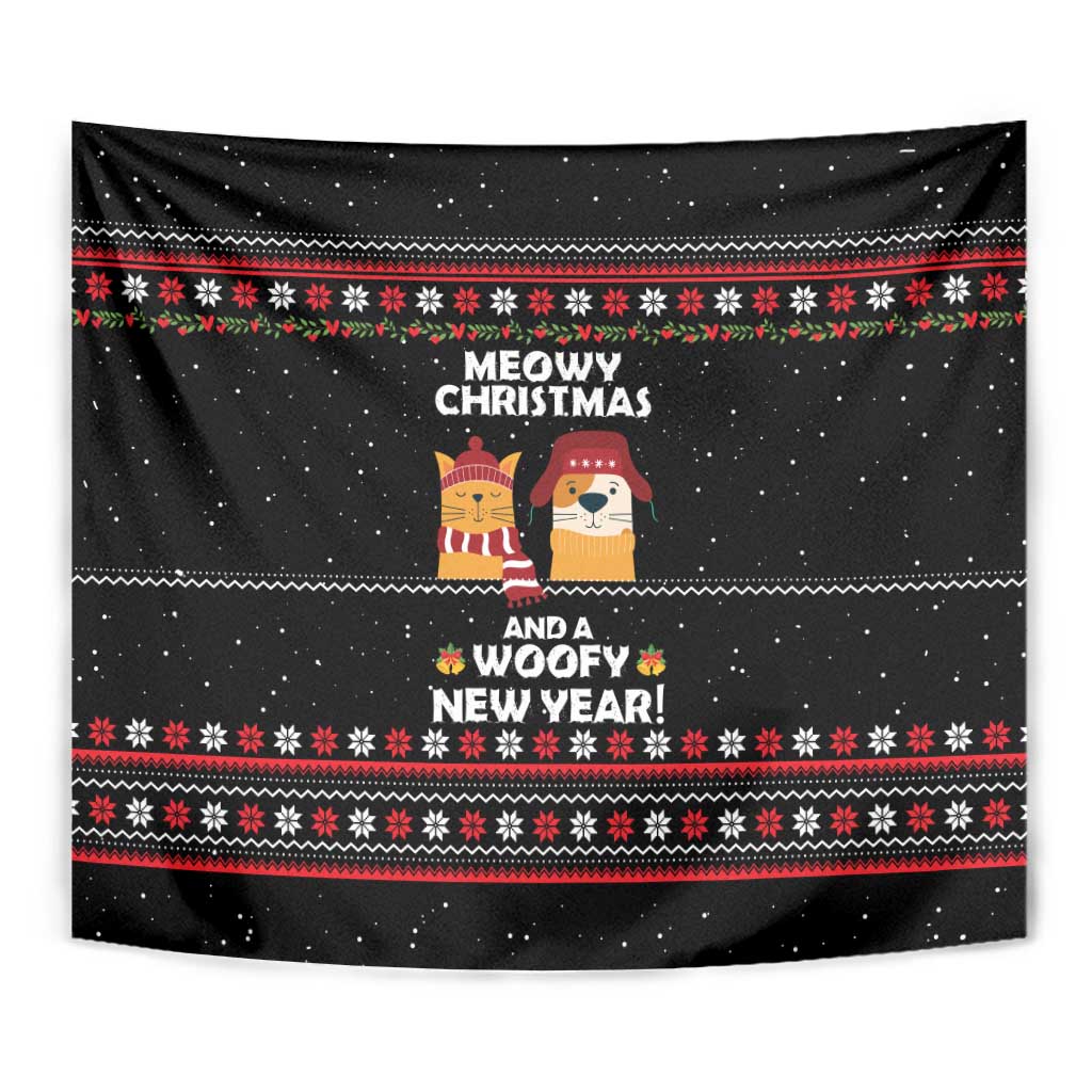 Meowy Christmas Woofy New Year Tapestry with Cat and Dog in Winter Hats and Festive Pattern Design - Wonder Print Shop
