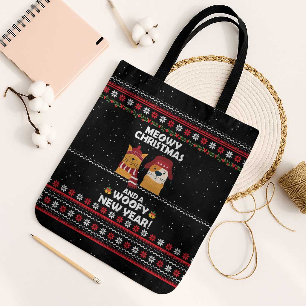 Meowy Christmas Woofy New Year Tote Bag with Cat and Dog in Winter Hats and Festive Pattern Design - Wonder Print Shop