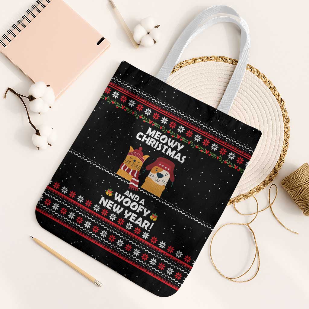 Meowy Christmas Woofy New Year Tote Bag with Cat and Dog in Winter Hats and Festive Pattern Design - Wonder Print Shop