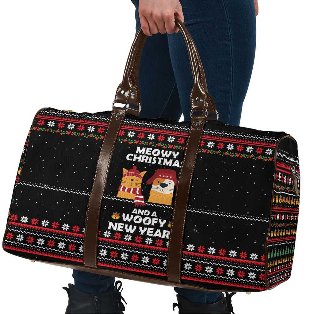 Meowy Christmas Woofy New Year Travel Bag with Cat and Dog in Winter Hats and Festive Pattern Design - Wonder Print Shop
