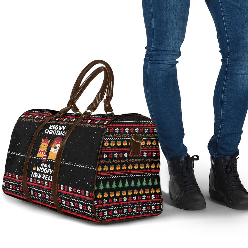 Meowy Christmas Woofy New Year Travel Bag with Cat and Dog in Winter Hats and Festive Pattern Design - Wonder Print Shop