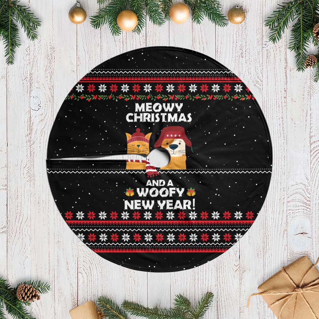 Meowy Christmas Woofy New Year Tree Skirt with Cat and Dog in Winter Hats and Festive Pattern Design - Wonder Print Shop
