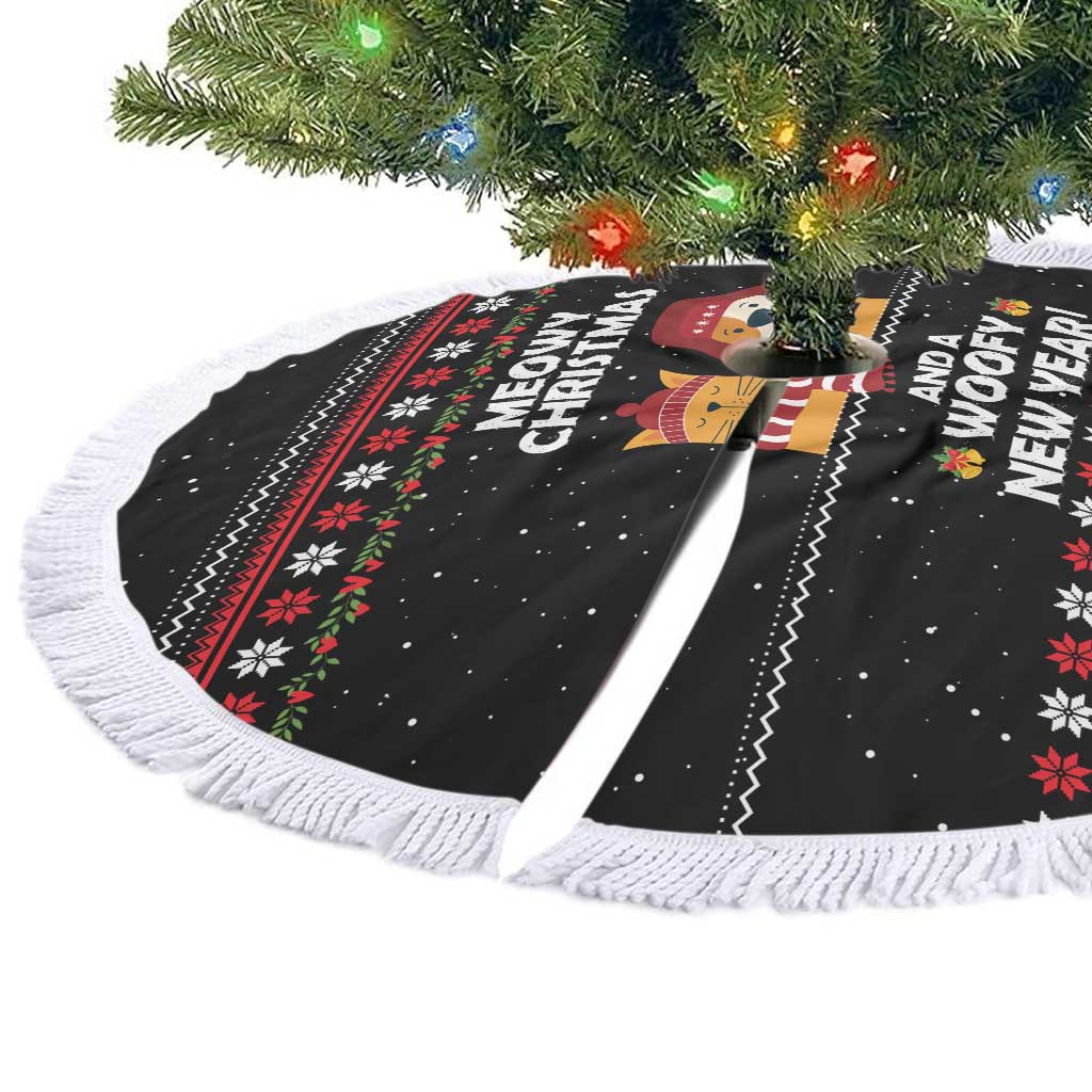 Meowy Christmas Woofy New Year Tree Skirt with Cat and Dog in Winter Hats and Festive Pattern Design - Wonder Print Shop
