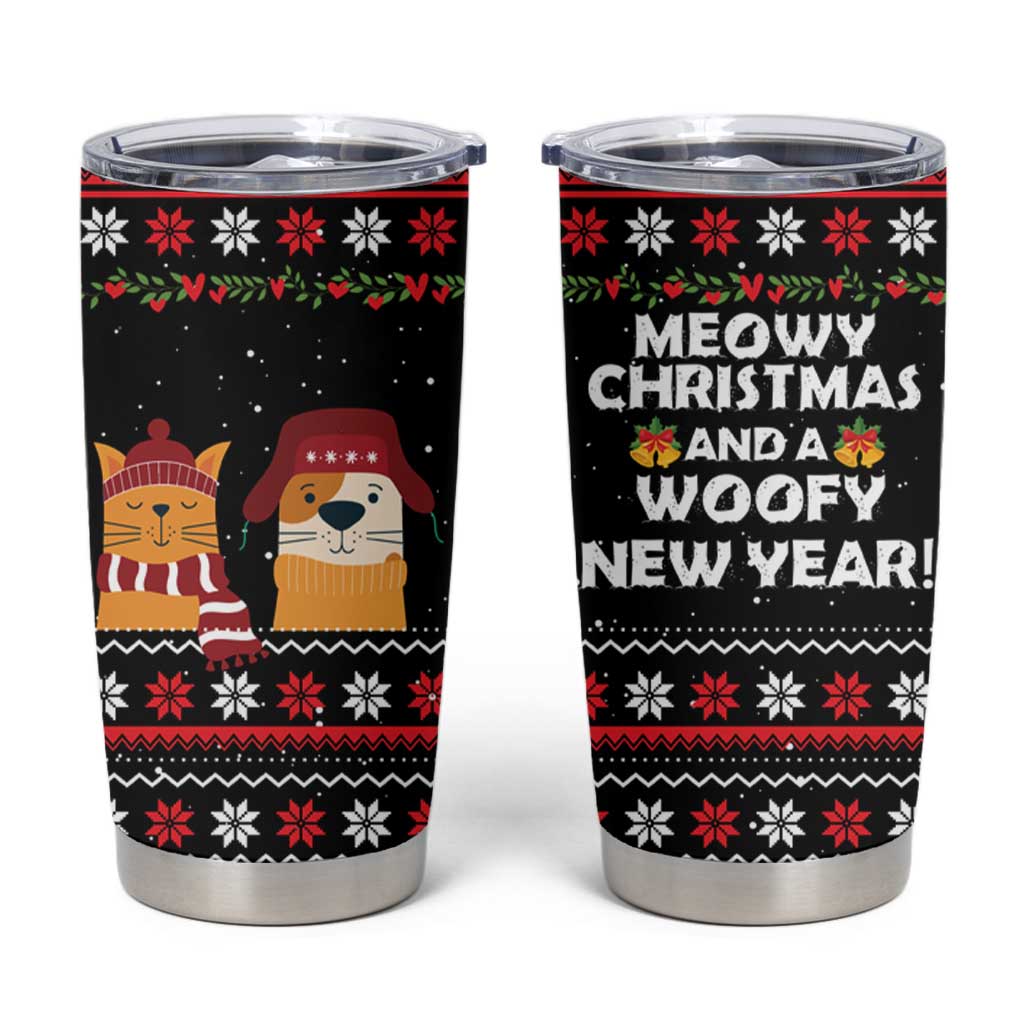 Meowy Christmas Woofy New Year Tumbler Cup with Cat and Dog in Winter Hats and Festive Pattern Design - Wonder Print Shop