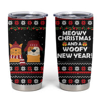 Meowy Christmas Woofy New Year Tumbler Cup with Cat and Dog in Winter Hats and Festive Pattern Design - Wonder Print Shop