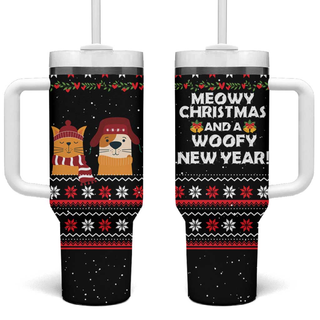 Meowy Christmas Woofy New Year Tumbler With Handle with Cat and Dog in Winter Hats and Festive Pattern Design - Wonder Print Shop