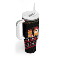 Meowy Christmas Woofy New Year Tumbler With Handle with Cat and Dog in Winter Hats and Festive Pattern Design - Wonder Print Shop