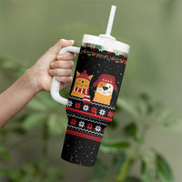 Meowy Christmas Woofy New Year Tumbler With Handle with Cat and Dog in Winter Hats and Festive Pattern Design - Wonder Print Shop