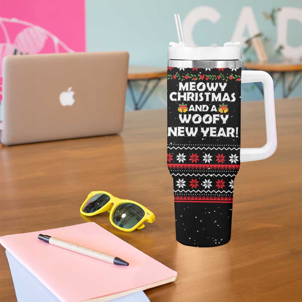 Meowy Christmas Woofy New Year Tumbler With Handle with Cat and Dog in Winter Hats and Festive Pattern Design - Wonder Print Shop