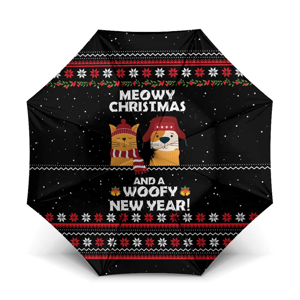 Meowy Christmas Woofy New Year Umbrella with Cat and Dog in Winter Hats and Festive Pattern Design - Wonder Print Shop