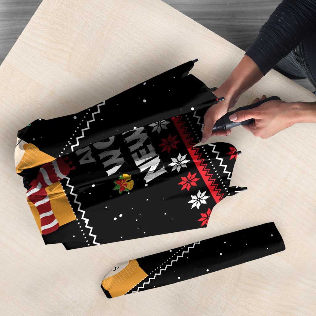 Meowy Christmas Woofy New Year Umbrella with Cat and Dog in Winter Hats and Festive Pattern Design - Wonder Print Shop