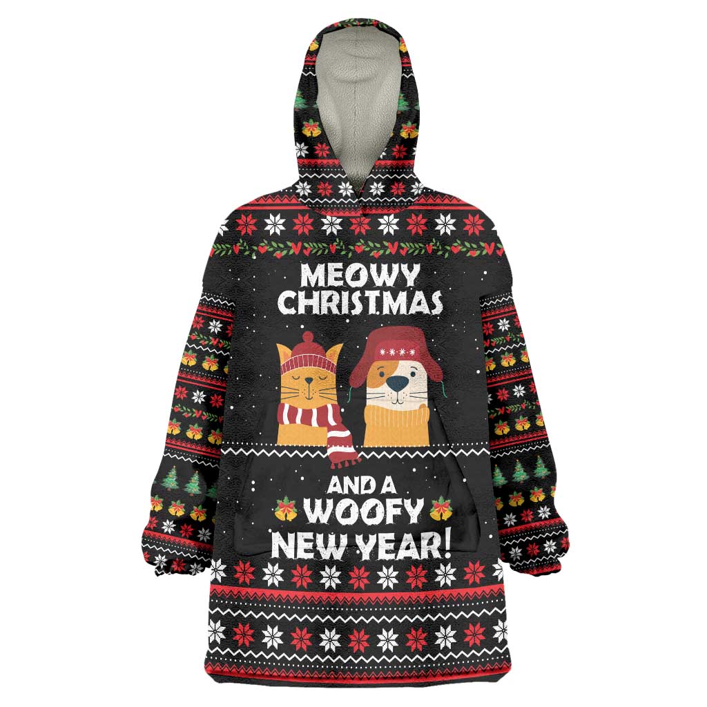 Meowy Christmas Woofy New Year Wearable Blanket Hoodie with Cat and Dog in Winter Hats and Festive Pattern Design - Wonder Print Shop