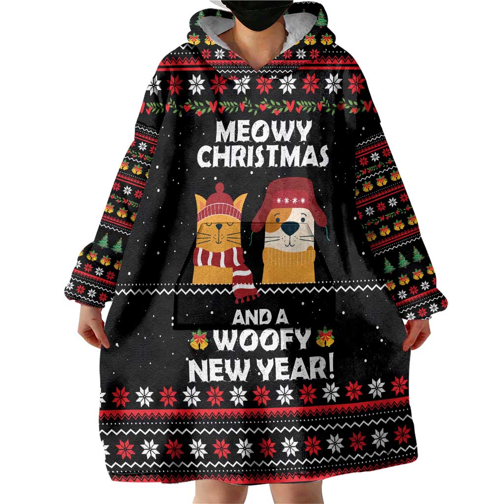 Meowy Christmas Woofy New Year Wearable Blanket Hoodie with Cat and Dog in Winter Hats and Festive Pattern Design - Wonder Print Shop
