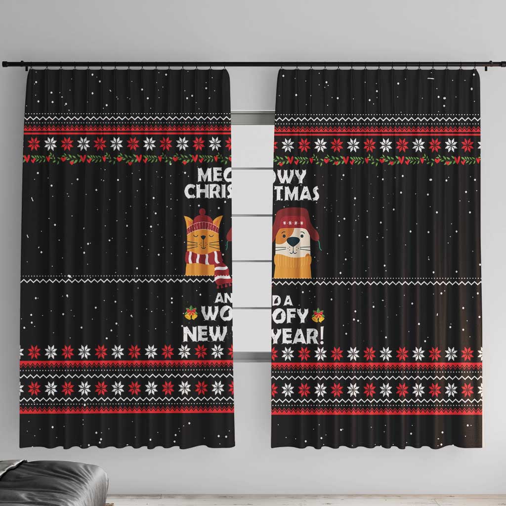 Meowy Christmas Woofy New Year Window Curtain with Cat and Dog in Winter Hats and Festive Pattern Design - Wonder Print Shop