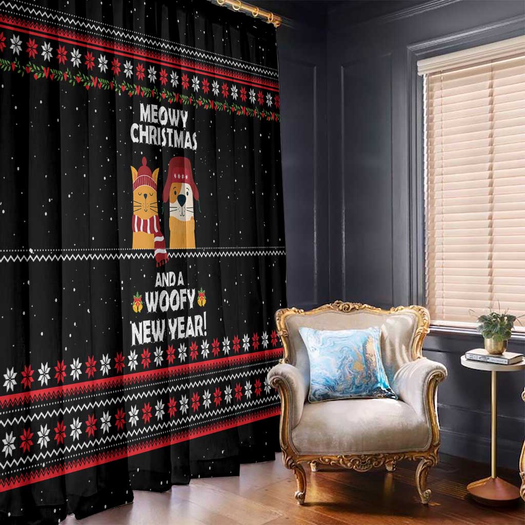 Meowy Christmas Woofy New Year Window Curtain with Cat and Dog in Winter Hats and Festive Pattern Design - Wonder Print Shop