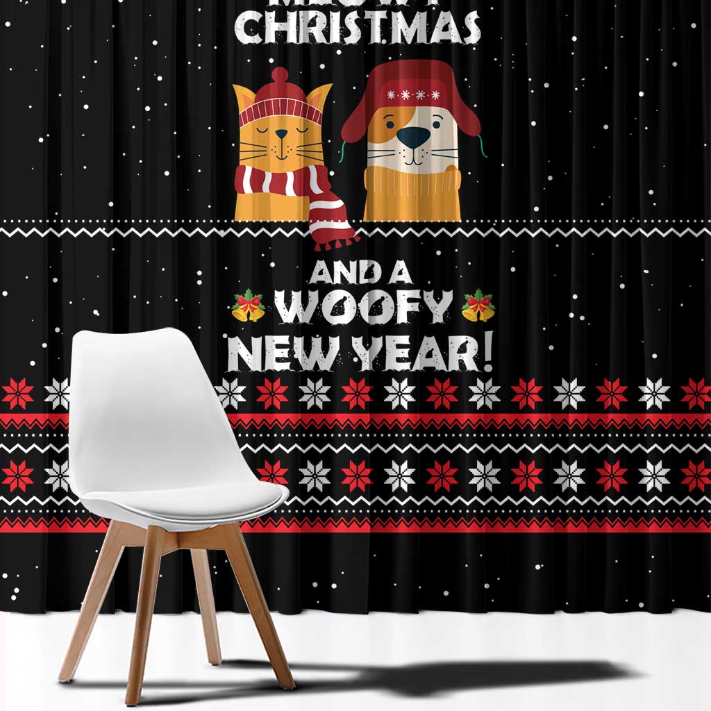 Meowy Christmas Woofy New Year Window Curtain with Cat and Dog in Winter Hats and Festive Pattern Design - Wonder Print Shop