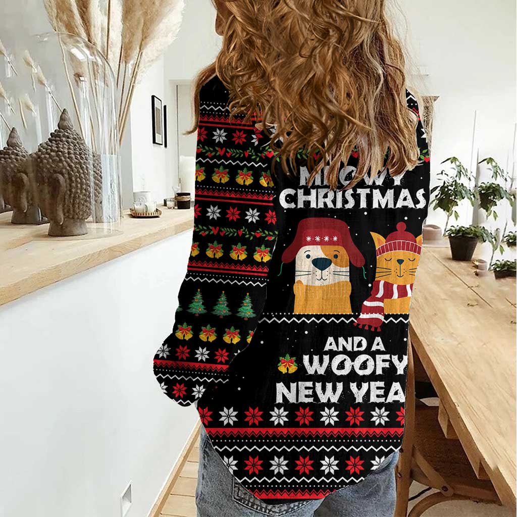 Meowy Christmas Woofy New Year Women Casual Shirt with Cat and Dog in Winter Hats and Festive Pattern Design - Wonder Print Shop