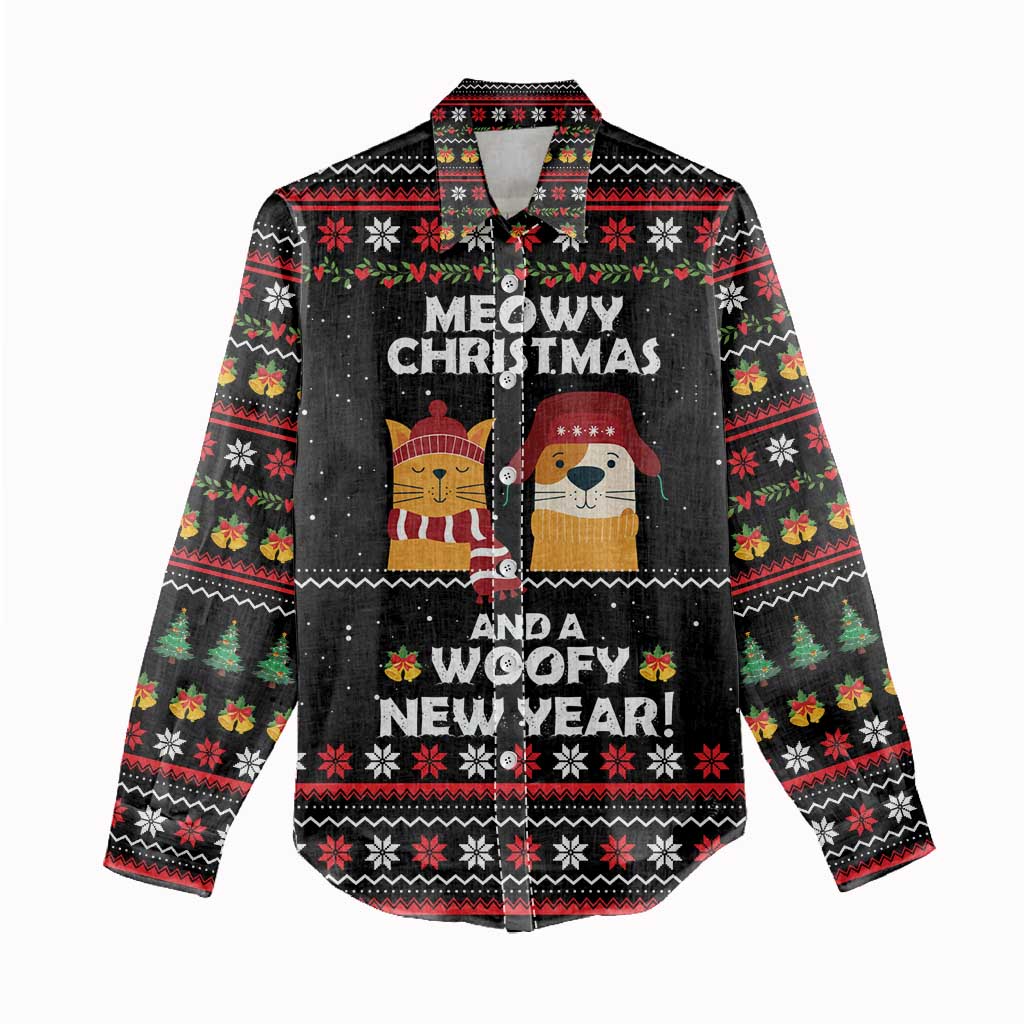 Meowy Christmas Woofy New Year Women Casual Shirt with Cat and Dog in Winter Hats and Festive Pattern Design - Wonder Print Shop