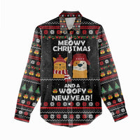 Meowy Christmas Woofy New Year Women Casual Shirt with Cat and Dog in Winter Hats and Festive Pattern Design - Wonder Print Shop