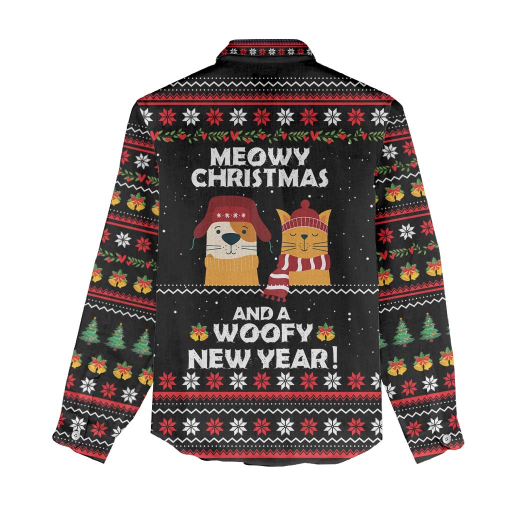 Meowy Christmas Woofy New Year Women Casual Shirt with Cat and Dog in Winter Hats and Festive Pattern Design - Wonder Print Shop