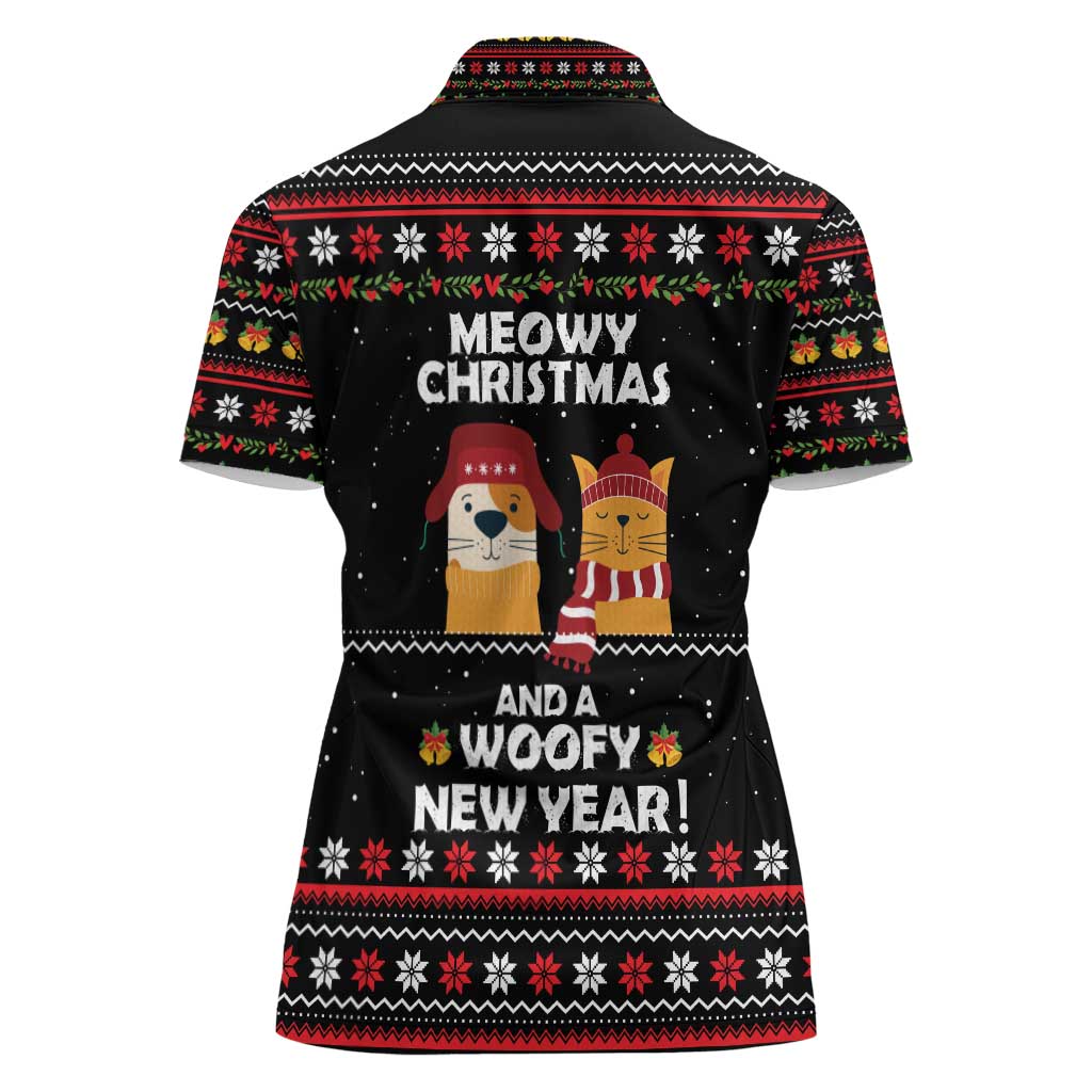 Meowy Christmas Woofy New Year Women Polo Shirt with Cat and Dog in Winter Hats and Festive Pattern Design - Wonder Print Shop