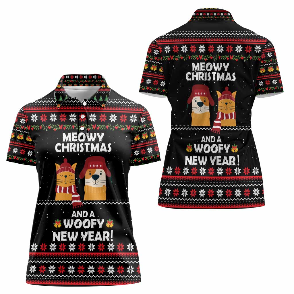 Meowy Christmas Woofy New Year Women Polo Shirt with Cat and Dog in Winter Hats and Festive Pattern Design - Wonder Print Shop