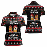 Meowy Christmas Woofy New Year Women Polo Shirt with Cat and Dog in Winter Hats and Festive Pattern Design - Wonder Print Shop
