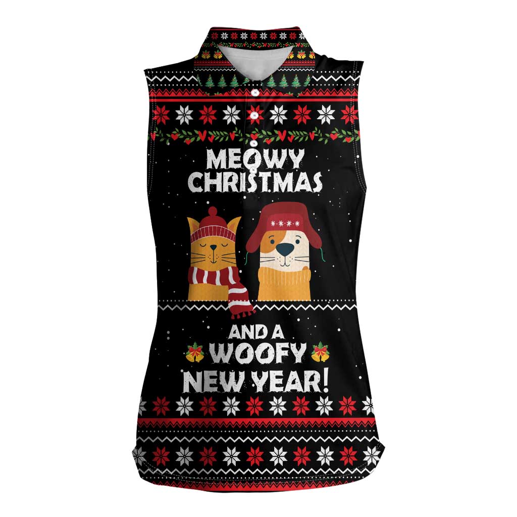 Meowy Christmas Woofy New Year Women Sleeveless Polo Shirt with Cat and Dog in Winter Hats and Festive Pattern Design - Wonder Print Shop