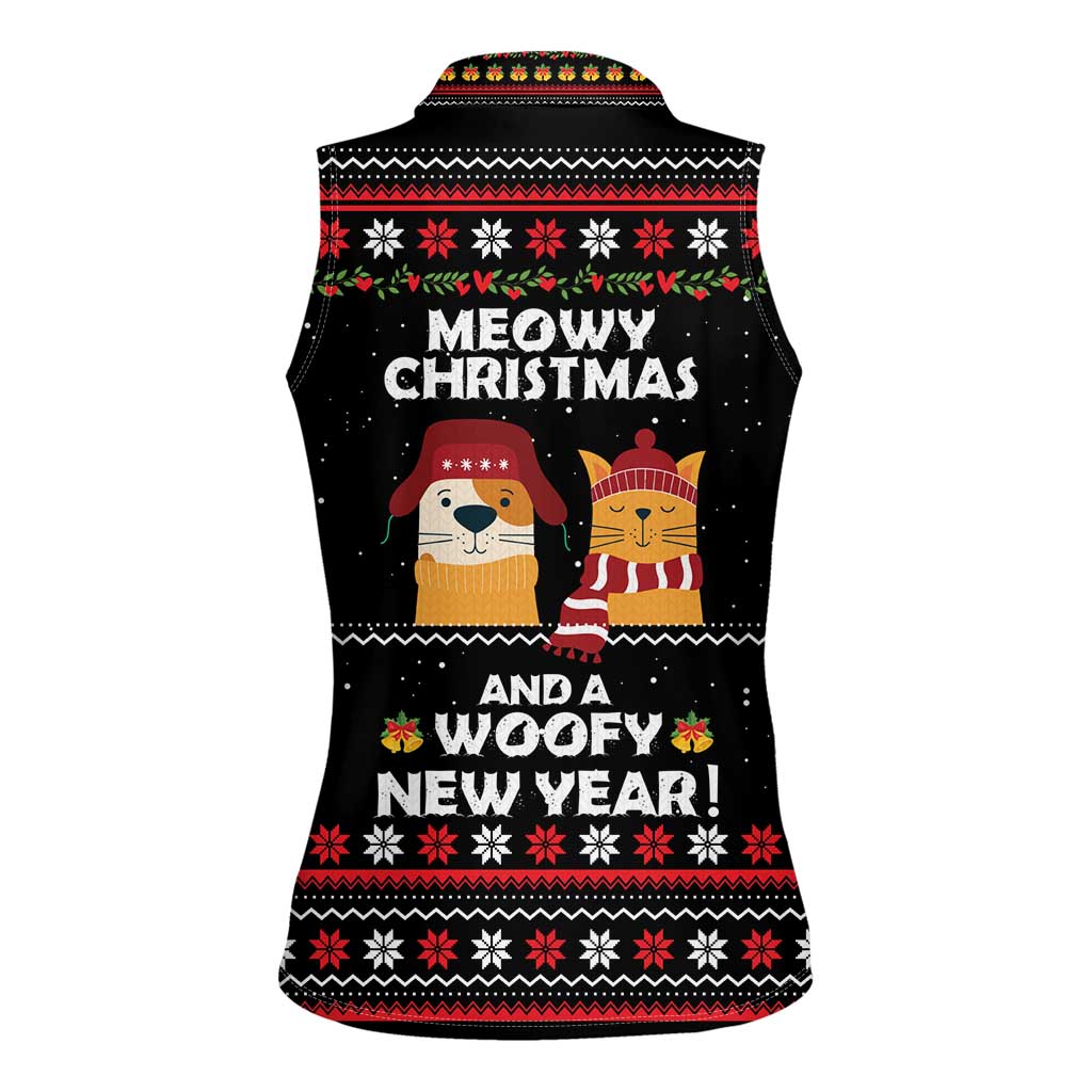 Meowy Christmas Woofy New Year Women Sleeveless Polo Shirt with Cat and Dog in Winter Hats and Festive Pattern Design - Wonder Print Shop