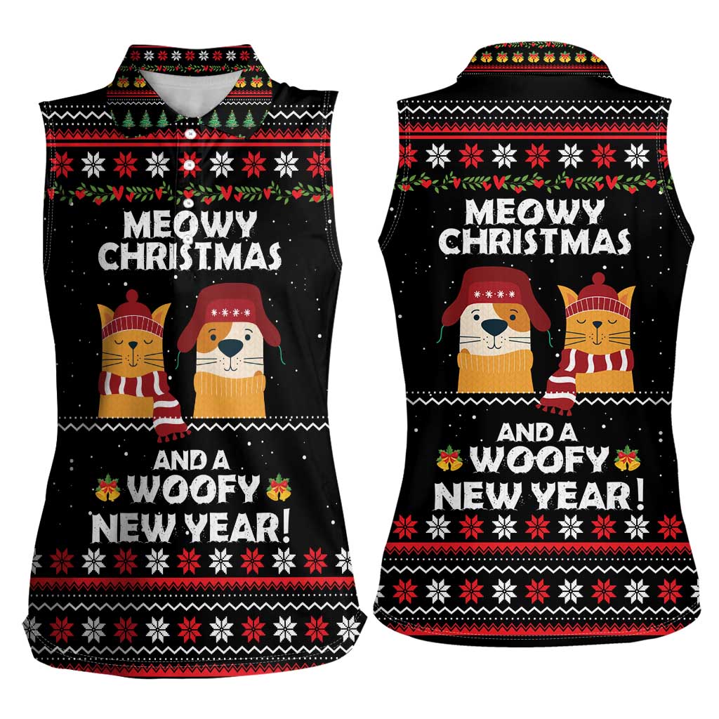 Meowy Christmas Woofy New Year Women Sleeveless Polo Shirt with Cat and Dog in Winter Hats and Festive Pattern Design - Wonder Print Shop