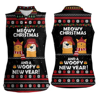 Meowy Christmas Woofy New Year Women Sleeveless Polo Shirt with Cat and Dog in Winter Hats and Festive Pattern Design - Wonder Print Shop