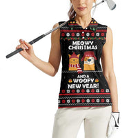 Meowy Christmas Woofy New Year Women Sleeveless Polo Shirt with Cat and Dog in Winter Hats and Festive Pattern Design - Wonder Print Shop