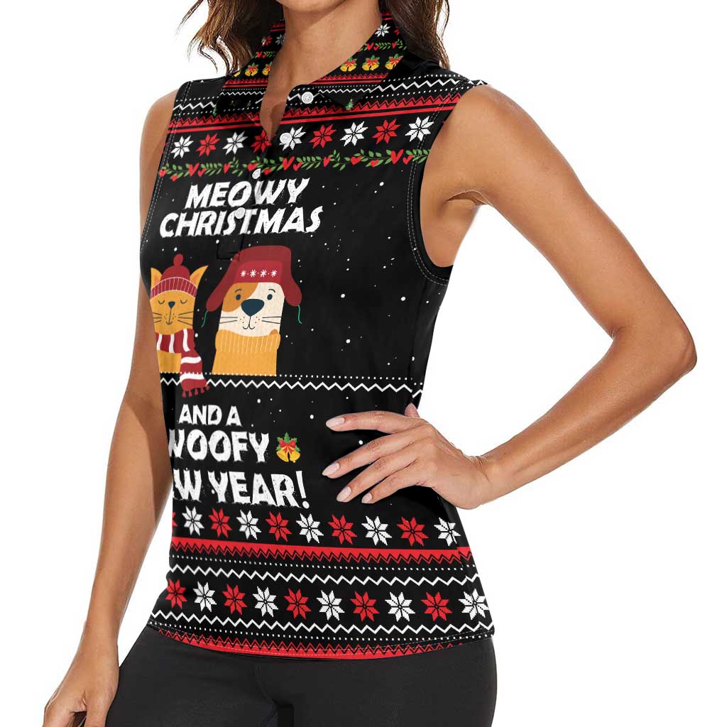 Meowy Christmas Woofy New Year Women Sleeveless Polo Shirt with Cat and Dog in Winter Hats and Festive Pattern Design - Wonder Print Shop